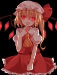  1girl blonde_hair finger_to_mouth flandre_scarlet glowing glowing_eyes hat hat_ribbon mog_(artist) red_eyes ribbon side_ponytail solo touhou wings 