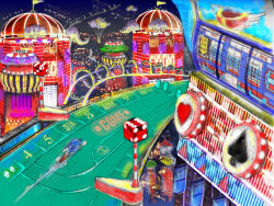 1boy animal_ears artist_request balloon blue_fur building card casino city cityscape commentary concept_art dice dust_cloud elephant_statue english_commentary english_text flag furry furry_male gloves heart hedgehog_boy landscape night night_sky official_art pinball playing_card red_shoes roller_coaster running shoes sky slot_machine sonic_(series) sonic_heroes sonic_the_hedgehog spade_(shape) white_gloves yellow_flag