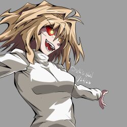  1girl absurdres ahoge arcueid_brunestud arms_at_sides blonde_hair breasts colored_sclera commentary dark_persona english_commentary evil_smile fangs floating_hair grey_background hair_intakes highres isthisflybid melty_blood mystic_eyes_of_enchantment open_mouth red_arcueid red_sclera short_hair smile solo sweater tsukihime turtleneck turtleneck_sweater upper_body vampire wavy_hair white_sweater yellow_eyes 