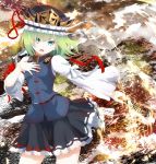  1girl arm_ribbon blue_eyes green_hair hand_on_own_chest hat hat_ribbon highres long_sleeves looking_at_viewer mikoma_sanagi open_mouth ribbon rod_of_remorse shiki_eiki shirt skirt solo touhou vest wide_sleeves 
