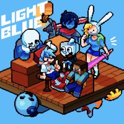  1girl 1other 4boys 9aaaalt29 :d ;d adventure_time antenna_hair arm_support armor bar_(place) bar_stool black_eyes black_sclera black_shirt black_shoes blue_eyes blue_jacket blue_pants blue_shirt blue_shorts blue_skin blue_theme boyfriend_(friday_night_funkin') breasts brown_shoes character_request closed_eyes closed_mouth color_connection colored_sclera colored_skin commentary copyright_request crossover cuphead_(game) dark-skinned_male dark_skin deltarune drinking_straw fewer_digits fionna_campbell friday_night_funkin' from_above full_body gloves grey_armor grey_gloves grey_hood grey_shoes grin hand_on_own_cheek hand_on_own_face hand_up highres holding holding_sword holding_weapon hood hood_down hooded_jacket index_finger_raised jacket kneehighs kris_(dark_world)_(deltarune) kris_(deltarune) light_frown long_sleeves looking_at_another minecraft mugman multiple_boys multiple_crossover no_eyes notice_lines object_head on_stool one_eye_closed open_clothes open_jacket open_mouth over_shoulder pants pink_scarf pixel_art puffy_long_sleeves puffy_sleeves red_shoes sans_(undertale) scarf shaded_face shirt shoes short_sleeves shorts shoulder_armor sitting skeleton small_breasts smile socks solid_circle_eyes standing steve_(minecraft) stool sword symbol-only_commentary tongue u_u undertale utdr_(toby_fox) weapon weapon_over_shoulder white_eyes white_shirt white_socks wooden_floor yellow_gloves 