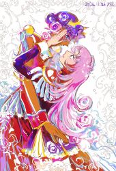  2girls blue_eyes blush commentary dark-skinned_female dark_skin dated dress epaulettes glasses hand_on_another's_face highres himemiya_anthy jacket long_hair multiple_girls parted_lips pink_dress pink_hair purple_hair red_jacket short_hair shoujo_kakumei_utena tenjou_utena tiara windychariot wrist_cuffs yuri 