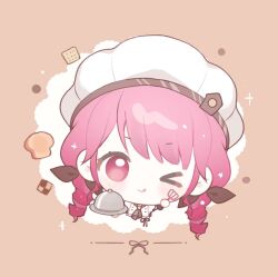  >_o 1girl ;q apron ascot baonu_de_zhanshen_caibutou bow bread bread_slice brown_ascot brown_bow brown_ribbon brown_shirt brown_wrist_cuffs buttons checkerboard_cookie chef chef_hat chibi chinese_commentary closed_mouth commentary_request cookie cracker cropped_torso drill_hair eyelashes flat_top_chef_hat food frilled_apron frills hair_bow happy hat highres holding holding_plate holding_whisk infinity_nikki lid light_blush light_particles long_hair looking_at_viewer low_twintails nikki_(series) one_eye_closed orange_background pink_eyes pink_hair plate ribbon shirt short_sleeves smile solo sparkle striped_ascot sweet_traces_(infinity_nikki) tareme tongue tongue_out twin_drills twintails waist_ribbon whisk white_apron white_hat wrist_cuffs 