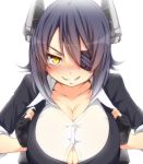  1girl black_hair blush breasts cleavage eyepatch fingerless_gloves gloves grin headgear huge_breasts kantai_collection large_breasts looking_at_viewer personification short_hair smile solo tenryuu_(kantai_collection) tori_(minamopa) yellow_eyes 