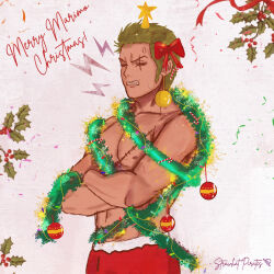  1boy anger_vein commentary crossed_arms english_commentary green_hair highres limeariee male_focus merry_christmas one_piece roronoa_zoro scar scar_across_eye scar_on_face sideburns solo stitched_torso stitches topless_male v-shaped_eyebrows 