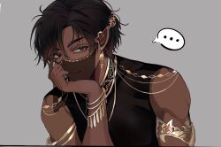 ... 1boy alberu_crossman arabian_clothes armlet bishounen black_hair bracelet brown_eyes dark-skinned_male dark_elf dark_skin earclip earrings elf grey_background head_rest highres jewelry looking_at_viewer lout_of_count's_family male_focus molan_lemon mouth_veil pointy_ears shirt short_hair simple_background sleeveless sleeveless_shirt smile solo spoken_ellipsis upper_body veil 