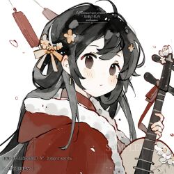  1girl black_hair blush_stickers brown_eyes closed_mouth double-parted_bangs hair_ribbon highres holding holding_instrument instrument long_hair orange_ribbon original red_shirt ribbon shirt simple_background solo upper_body watermark white_background zhixiao 