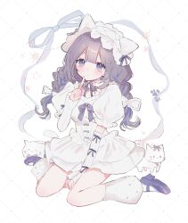  1girl animal_ear_hairband animal_ears between_legs blue_eyes blue_ribbon blue_shoes blue_streaks blunt_bangs blush bow braid braided_twintails cat cat_ear_hairband cat_ears commentary commission detached_sleeves double-parted_bangs dress fake_animal_ears finger_to_mouth full_body grey_hair hair_bow hair_ornament hairband hairclip hand_between_legs hand_up highres index_finger_raised jewelry leg_warmers lolita_fashion lolita_hairband looking_at_viewer mary_janes mole mole_under_eye najimaru original puffy_short_sleeves puffy_sleeves ribbon ring shoes short_dress short_sleeves sitting sleeves_past_wrists socks solo symbol-only_commentary twin_braids twintails twitter_username wariza watermark white_bow white_cat white_dress white_hairband white_leg_warmers white_sleeves white_socks 