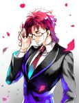  1boy bespectacled fhalei formal glasses jojo_no_kimyou_na_bouken kakyouin_noriaki necktie pink_hair solo suit 