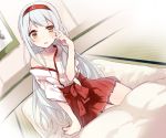  1girl blush futon hairband japanese_clothes kantai_collection long_hair looking_at_viewer off_shoulder personification shoukaku_(kantai_collection) silver_hair skirt solo yellow_eyes yuyupo 