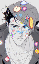 1boy ace_attorney apollo_justice:_ace_attorney beanie blue_eyes closed_mouth collarbone crew_neck eotjdtjd grey_background hair_ornament hairclip hat hood hooded_jacket jacket looking_to_the_side male_focus parallel_hairclips phoenix_wright shirt simple_background smile solo sticker sticker_on_clothes sticker_on_face 