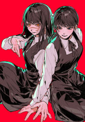  2girls black_dress black_hair black_ribbon chainsaw_man collared_shirt commentary_request dress fourth_east_high_school_uniform grey_eyes highres ikaooi1 long_hair long_sleeves mitaka_asa multiple_girls neck_ribbon pinafore_dress red_background ribbon scar scar_on_cheek scar_on_face scar_on_nose school_uniform shirt simple_background sleeveless sleeveless_dress white_shirt yellow_eyes yoru_(chainsaw_man) 