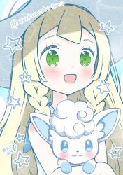  1girl :d alolan_vulpix blonde_hair blush braid dress emo_(mikan) green_eyes hat highres holding holding_pokemon lillie_(pokemon) long_hair looking_at_viewer open_mouth pokemon pokemon_(anime) pokemon_(creature) pokemon_sm_(anime) sleeveless sleeveless_dress smile star_(symbol) twin_braids twitter_username white_dress white_hat 