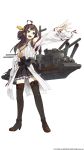  1girl ahoge black_eyes black_legwear boots brown_hair cannon hair_bun hakama_skirt hand_on_hip headgear high_heels highres japanese_clothes kantai_collection kongou_(kantai_collection) konishi_(koconatu) long_hair miko official_art open_mouth outstretched_arm personification solo thigh-highs thigh_boots transparent_background turret 