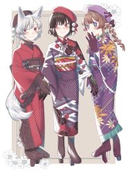  3girls absurdres animal_ears border braid brown_gloves brown_hair brown_hat commentary_request covering_own_mouth floral_print floral_print_kimono full_body geta gloves hat highres himekaidou_hatate inubashiri_momiji japanese_clothes kimono leaf_print long_hair looking_at_another looking_at_viewer multiple_girls obi pointy_ears pom_pom_(clothes) print_kimono purple_hat purple_kimono red_eyes red_hat red_kimono rose_print sash shameimaru_aya short_hair smile standing tail tengu tengu-geta toraneko_2 touhou white_border white_hair wolf_ears wolf_girl wolf_tail 