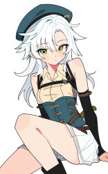  1girl absurdres aqua_hat black_boots black_sleeves blush boots breasts commission detached_sleeves dress_shirt eiyuu_densetsu fie_claussell green_eyes hair_between_eyes hat highres kuro_no_kiseki_(series) kuro_no_kiseki_i long_hair miniskirt pixiv_commission pleated_skirt rotoi_1234 sen_no_kiseki_(series) sen_no_kiseki_i shirt simple_background sitting skirt sleeveless sleeveless_shirt small_breasts solo underbust white_background white_hair white_shirt white_skirt 