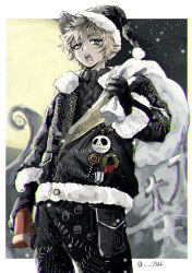  1boy 7skk :o absurdres animal_ear_fluff aran_sweater arm_at_side black_gloves black_hat black_jacket black_pants black_sweater blonde_hair blue_eyes border box cable_knit candy charm_(object) christmas_wreath chromatic_aberration cowboy_shot crossover eyeshadow fangs food from_side full_moon fur-trimmed_headwear fur-trimmed_jacket fur_trim gift gift_box gloves graveyard grey_eyeshadow hat highres holding holding_gift holding_sack hyena_boy hyena_ears jack_skellington jacket lollipop looking_at_viewer looking_down lost_in_the_book_with_tim_burton's_the_nightmare_before_christmas makeup male_focus moon muted_color night night_sky open_mouth outdoors outside_border pale_skin pants partially_unzipped patchwork_clothes pinstripe_jacket pinstripe_pattern ruggie_bucchi ruggie_bucchi_(nightmare_courier) sack safety_pin santa_hat short_hair sky snowing solo sweater tareme tombstone twisted_wonderland twitter_username v-shaped_eyebrows watermark white_border white_trim wreath 
