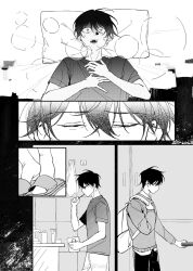  1boy backpack bag bathroom breath brushing_teeth closed_eyes constricted_pupils cup gasp greyscale hair_between_eyes head_on_pillow highres holding holding_cup kim_dokja male_focus monochrome morning oldest_dream omniscient_reader's_viewpoint pillow shirt short_hair slippers t-shirt twle upper_body vest wide-eyed 