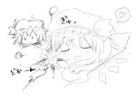  1girl bat_wings character_doll closed_eyes exploding flandre_scarlet harusame_(unmei_no_ikasumi) hat heart monochrome open_mouth remilia_scarlet short_hair sketch smile solo touhou wings 