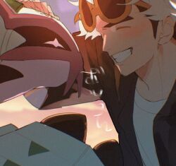  1boy black_hair black_jacket closed_eyes commentary_request crew_neck eyewear_on_head golisopod grin guzma_(pokemon) hand_on_another's_head jacket karakurenai4920 male_focus medium_sideburns multicolored_hair open_clothes open_jacket pokemon pokemon_(creature) pokemon_sm shirt short_hair smile sunglasses teeth two-tone_hair white_hair white_shirt yellow-framed_eyewear 