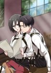  1boy 1girl black_eyes black_hair jacket levi_(shingeki_no_kyojin) llmonakall mikasa_ackerman open_mouth papers reading scarf shingeki_no_kyojin sitting tagme thigh_strap window 