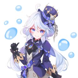  1girl :> ahoge ascot black_ascot black_gloves blue_eyes blue_hair blue_hat blue_jacket brooch bubble commentary furina_(genshin_impact) genshin_impact gloves hair_between_eyes hair_intakes hat highres jacket jellyfish_cut jewelry korean_commentary long_hair long_sleeves naughty_(pixiv_82037990) shirt simple_background solo top_hat upper_body very_long_hair white_background white_shirt 
