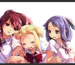  3girls atago_hiroe blonde_hair blouse blush bowtie closed_eyes double_bun dress_shirt hair_bun holding_arm holding_hands interlocked_fingers mase_yuuko multiple_girls open_mouth ponytail purple_hair red_eyes redhead ribbon saki school_uniform shirt short_hair skirt smile standing suehara_kyouko violet_eyes white_background white_shirt yaku_yojino 