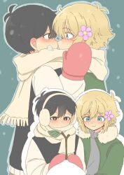 2boys alternate_costume antenna_hair basil_(faraway)_(omori) basil_(omori) black_eyes black_hair blonde_hair blue_eyes blush coat commentary_request double-parted_bangs earmuffs flower green_background green_coat hair_between_eyes hair_flower hair_ornament highres long_sleeves looking_at_another male_focus mittens multiple_boys omori red_mittens scarf shared_clothes shared_scarf short_hair sidelocks simple_background smile sunny_(omori) white_scarf yaoi yuuabara
