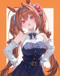  ai-generated animal_ears antenna_hair brown_hair buckle daiwa_scarlet_(racehorse) daiwa_scarlet_(umamusume) hands_on_own_hips highres horse_ears horse_girl horse_tail nyvala open_mouth outside_border red_eyes tail tiara twintails umamusume 