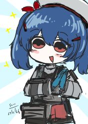  1girl :d blue_gloves blue_hair blush braid colphne_(girls'_frontline_2) girls'_frontline_2:_exilium girls_frontline gloves hair_ribbon hat highres ribbon sa111 smile twin_braids 