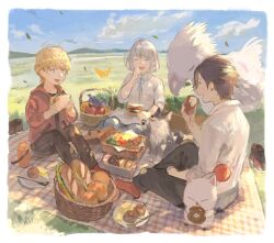  1girl 2boys ambrosia_(ff16) apple black_hair black_pants blonde_hair blue_eyes border bread brothers bug butterfly child chocobo clive_rosfield closed_eyes clouds cloudy_sky collared_shirt commentary_request creature eating falling_leaves final_fantasy final_fantasy_xvi food fruit full_body grapes grey_hair grey_skirt hair_between_eyes hand_to_own_mouth holding holding_food holding_sandwich hood hood_down hooded_jacket j2_path jacket jill_warrick joshua_rosfield laughing leaf loaf_of_bread long_shirt looking_at_another moogle multiple_boys open_mouth outdoors pants picnic picnic_basket red_jacket red_socks sandwich shirt shoes short_hair siblings sitting skirt sky smile socks torgal_(ff16) unworn_shoes white_border white_shirt wolf yellow_butterfly 