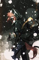  1girl absurdres animal_ear_hood animal_ears arknights black_gloves black_jacket black_mask black_pants commentary crownslayer_(arknights) dated elbow_gloves feet_out_of_frame fingerless_gloves from_behind gloves hair_between_eyes hair_ornament hairclip highres hood hood_up hooded_jacket hyena hyena_ears hyena_girl hyena_tail jacket juhuacha looking_at_viewer looking_back mask medium_hair mouth_mask night ninja_mask outdoors pants red_eyes red_hair red_tail ribbon sidelocks snow snowing solo standing tail yellow_ribbon 