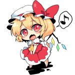  1girl ascot blonde_hair bow chibi fang flandre_scarlet hat hat_bow looking_at_viewer lowres mob_cap musical_note open_mouth paragasu_(parags112) puffy_sleeves red_eyes shirt short_sleeves side_ponytail simple_background skirt solo spoken_musical_note touhou vest white_background wings 
