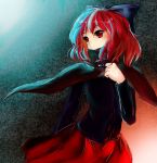  1girl arm_behind_back blouse bow cape covering_mouth facing_away gradient gradient_background hair_bow hand_on_own_chest highres little_nine long_sleeves looking_away red_eyes redhead sekibanki short_hair skirt touhou 