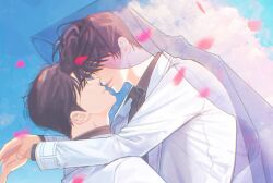 2boys black_hair black_shirt cloak coat collared_shirt day elbow_on_another's_shoulder falling_petals highres hood hood_up hooded_cloak imgeun imminent_kiss kim_dokja male_focus multiple_boys omniscient_reader's_viewpoint open_clothes open_coat outdoors petals secretive_plotter see-through_clothes shirt short_hair smile white_coat yaoi yoo_joonghyuk