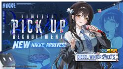  1girl black_hair black_jacket blue_necktie blush bow breasts brown_eyes candy collared_shirt commentary diesel_(nikke) diesel_(winter_sweets)_(nikke) earrings english_commentary food fruit goddess_of_victory:_nikke hair_bow highres holding holding_microphone jacket jewelry long_hair looking_at_viewer medium_breasts microphone necktie non-humanoid_robot official_alternate_costume official_art open_clothes open_jacket open_mouth robot shirt skirt smile strawberry white_shirt 