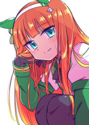  1girl animal_ears black_gloves black_pantyhose blue_eyes blunt_bangs chida_daisuke closed_mouth gloves hairband horse_ears horse_girl long_hair long_sleeves looking_at_viewer orange_hair pantyhose silence_suzuka_(umamusume) simple_background smile solo split_mouth umamusume white_background 