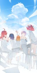  5girls alternate_costume bare_shoulders barefoot blue_eyes brown_hair butterfly_hair_ornament chair cloud_focus clouds cloudy_sky collarbone commentary_request contrail cumulonimbus_cloud day desk dress eyewear_hang from_behind full_body go-toubun_no_hanayome hair_ornament hair_ribbon hand_up headphones headphones_around_neck highres kneeling long_hair medium_hair mi8pq multiple_girls nakano_ichika nakano_itsuki nakano_miku nakano_nino nakano_yotsuba off_shoulder on_desk on_table orange_hair pants paper pink_hair quintuplets red_hair ribbon school_chair school_desk shirt short_hair shorts siblings sisters sitting sky star_(symbol) star_hair_ornament table unworn_eyewear white_dress white_pants white_ribbon white_shirt white_shorts 