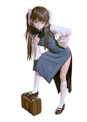  1girl artist_name blue_dress brown_bag brown_eyes brown_hair brown_shoes captain_morgan_pose china_dress chinese_clothes closed_mouth commentary dress dress_over_shirt earrings elbow_on_knee feiqizi_(fkey) fkey hair_ribbon hand_on_own_hip highres jewelry kneehighs long_hair looking_at_viewer mole mole_under_eye original pankou ribbon shanghai_neckline shoes side_slit simple_background sleeveless sleeveless_dress socks solo symbol-only_commentary white_background white_ribbon white_socks yin_yang yin_yang_earrings 