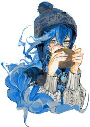  1boy alternate_costume arms_up blue_hair cable_knit chullo cropped_torso crossed_bangs cup hat highres holding holding_cup idia_shroud kopamoti long_sleeves male_focus pom_pom_(clothes) simple_background solo sweater twisted_wonderland white_background yellow_eyes 