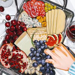  absurdres alcohol almond artist_name blueberry cheese cherry commentary cracker cup drinking_glass fingernails food food_focus food_request fruit highres kome_non long_sleeves meat olive original pistachio pomegranate red_wine shirt spoon still_life striped_clothes striped_shirt tablecloth tray wine wine_glass 
