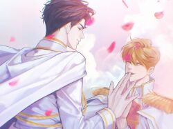  2boys blonde_hair cape epaulettes falling_petals gold_trim highres imgeun kim_dokja looking_at_another male_focus multiple_boys official_alternate_costume omniscient_reader's_viewpoint own_hands_together petals ricardo_von_kaizenix schweichen_von_kaizenix shirt smile vest white_cape white_shirt white_vest yoo_joonghyuk 