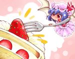  1girl bat_wings blue_hair cake commentary_request dress food fork fruit hat hat_ribbon licking_lips minigirl pink_dress red_eyes remilia_scarlet ribbon shinapuu smile solo strawberry touhou wings 