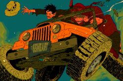  2boys black_hair commentary_request donquixote_rocinante driving facepaint green_theme heart highres jurokutya license_plate male_focus multiple_boys on_all-terrain_vehicle one_piece reaching smoking spots trafalgar_law vitiligo wide-eyed 