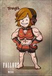  1girl abs bike_shorts brown_hair fallout gyamo hands_on_hips headphones meiko muscle parody short_hair smile vocaloid 