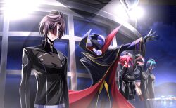  1girl 4boys adjusting_clothes artist_request black_cape black_gloves black_hair black_jacket blue_eyes brown_hair cape code_geass code_geass:_genesic_re;code code_geass:_lost_stories formal_clothes full_body game_cg gloves high_collar highres jacket kouzuki_kallen lelouch_vi_britannia long_sleeves mario_disel mask multiple_boys non-web_source official_art pants profile purple_pants purple_shoes purple_suit red_hair shoes short_hair standing suit violet_eyes zero_(code_geass) 