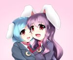  2girls blazer blue_hair breast_press bust collar crescent long_sleeves multiple_girls necktie open_mouth purple_hair red_eyes reisen reisen_udongein_inaba shirt touhou toumeikousokudouro 