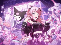  1girl ;d bang_dream! bang_dream!_it's_mygo!!!!! bare_shoulders black_jacket blush breasts chihaya_anon cone_hair_bun earrings fang hair_bun heart heart_earrings jacket jewelry kuromi long_hair long_sleeves looking_at_viewer makeup makeup_brush medium_breasts midriff navel official_art one_eye_closed onegai_my_melody open_mouth pincushion pink_hair sanrio smile solo teeth thigh_strap third-party_source upper_teeth_only 