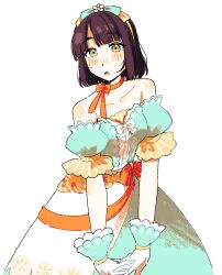  1girl aqua_bow aqua_dress bare_shoulders black_hair blunt_bangs blunt_ends bob_cut bow bow_choker bow_hairband breasts celebration!_(love_live!) choker collarbone commentary detached_sleeves dress gloves green_eyes hairband highres interlocked_fingers link!_like!_love_live! looking_at_viewer love_live! medium_breasts momose_ginko official_alternate_costume orange_bow orange_choker orange_ribbon puffy_short_sleeves puffy_sleeves ribbon ribbon_choker short_hair short_sleeves simple_background solo stew_youbi strapless strapless_dress stretching virtual_youtuber white_background white_gloves 