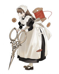  1girl apron back_bow bonnet bow brown_eyes brown_hair buttons commentary dress full_body juliet_sleeves kashiwagi_chisame leaning_forward long_dress long_hair long_sleeves looking_to_the_side looking_up maid original oversized_object pantyhose puffy_sleeves scissors sleeve_cuffs solo spool thread 